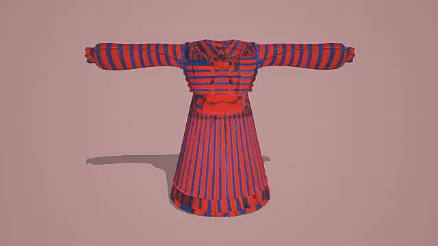 传统风格红紫条纹长裙3D模型，多层装饰设计