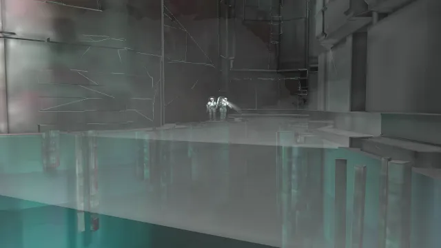 穿着防护服的流浪者在建筑中寻找东西角色场景