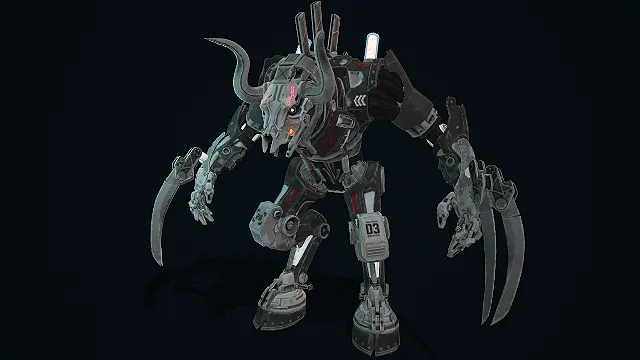 黑红机甲战牛：暗爪棘刃科幻机械兽模型