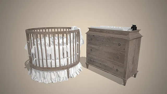 一套法式复古做旧实木婴儿房组合家具