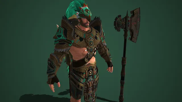 蛮族战士  巨刃长柄斧  彩羽头饰  露肤战甲  部落勇士  图腾  3D 角色模型  原始部落风格