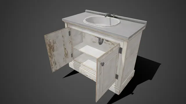 旧化效果  浴室洗手柜  霉迹  储物层  嵌入式洗手盆  金属水龙头  浴室设施