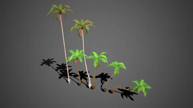 低多边形  高低错落的棕榈树  高耸直立  弯曲倾斜  热带植物  地域特色  海滨荒岛类场景