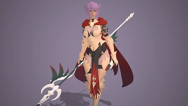 女枪兵  金色铠甲  长柄武器  红披风战裙  幻想骑士