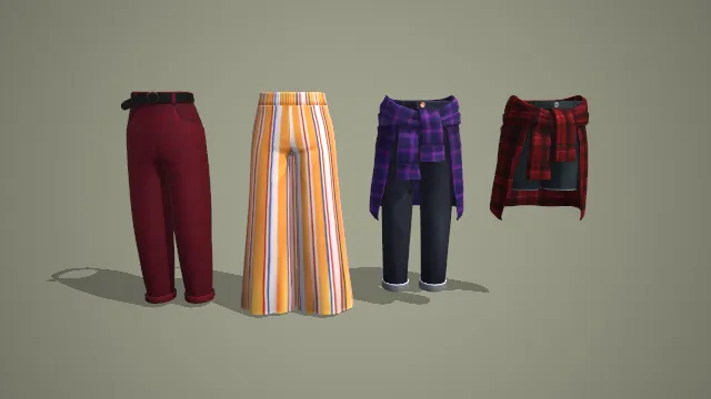 粉裤条纹阔腿裤与衬衫绑腰裤四件套 3D 模型