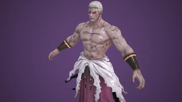 暗黑风格  反派  狂战士  咒化魔物  黑纹咒印  肌肉线条  邪异质感  银发  武士元素  凶戾压迫