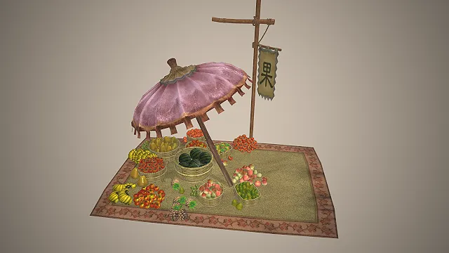 古风水果摊  油纸伞  多品类水果  中式传统市集