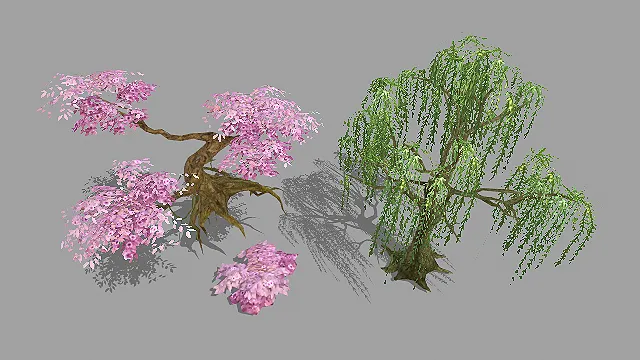 山石中粉色树叶大树 柳树植物3d模型