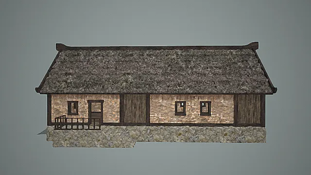 复古石基长形草顶木屋3D模型