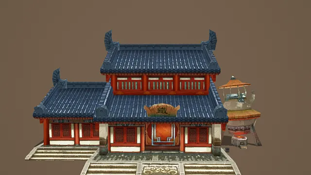3D卡通风格中式双层店铺建筑模型，创意设计（3D建筑、卡通风格、华丽市井，店铺主题，物品元素）