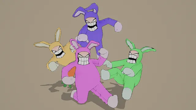 3D卡通风格兔子角色组合模型，创意设计（3D角色、卡通风格、搞怪风，角色设计主题）