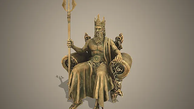 青铜质感  古典神话雕像  坐姿雕塑  手持三叉戟