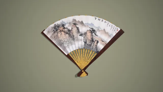 写实风格水墨黄山松折扇 3D 中式古风装饰道具模型