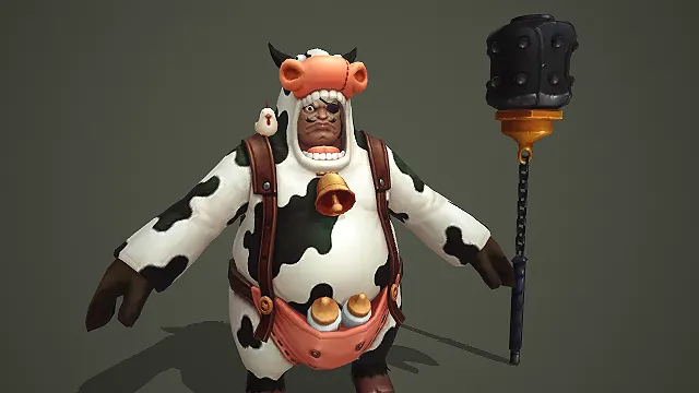 卡通 Q 版独眼胖山贼奶牛装带铃铛链锤小鸡 3D 游戏角色模型