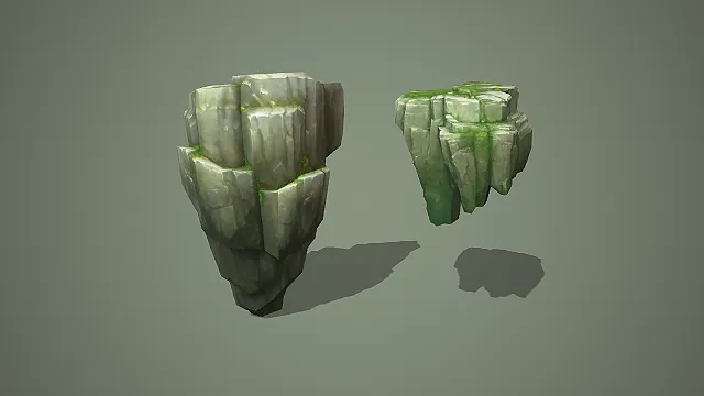 卡通风格苔藓悬浮崖壁岩石组 3D 模型 游戏场景地形装饰素材