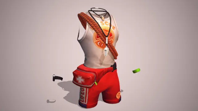 白色背心  绳子  红色短裤  腰包  哨子