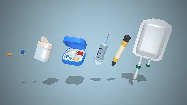 多种低模风格的3D药片、药盒、注射器、输液袋等医疗用品模型