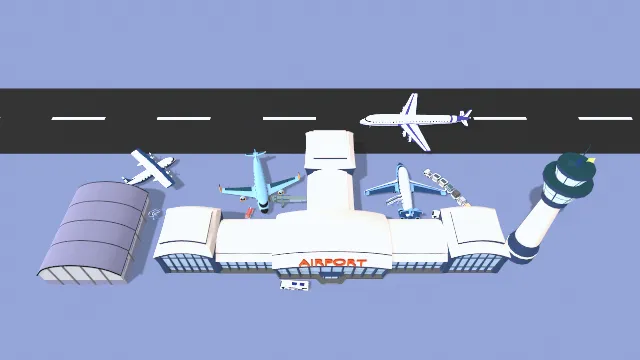 卡通风格化机场场景飞机建筑大厅灯塔