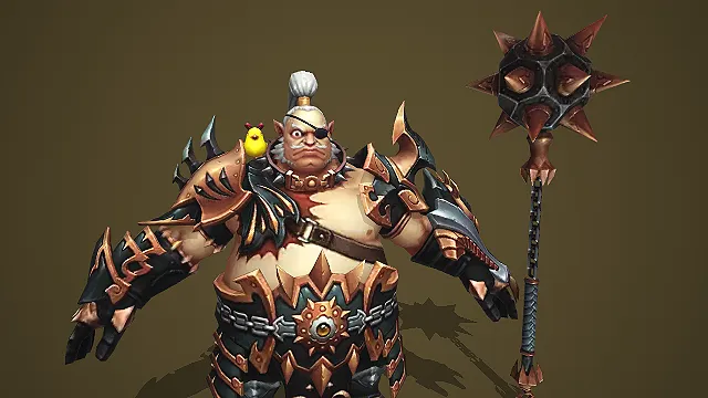 卡通 Q 版独眼胖山贼黑金重甲带尖刺链锤小黄鸟 3D 角色模型