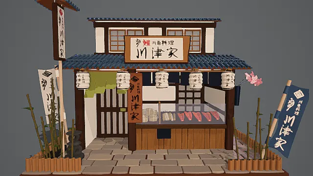 卡通风格日式料理店3D模型，传统设计（日式建筑、料理店外观、文字标识、灯笼装饰、食材展示 ）