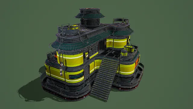 卡通风格3D科幻建筑模型，创意设计（卡通科幻建筑、3D模型、多层科幻建筑造型、圆弧形结构、亮黄色模块、黑色金属框架）