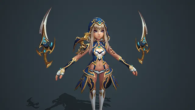 卡通 Q 版银发兜帽刺客女战士带双蓝金刃爪 3D 游戏角色模型