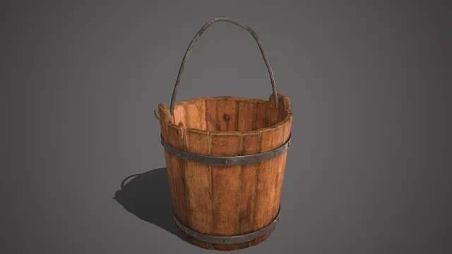 实木水桶  木质板拼接  弧形金属提手  铆钉  储水工具  实用功能  