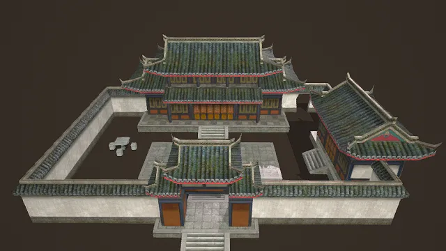 3D写实风格中式四合院模型，创意设计（3D建筑、写实风格、古朴典雅，中式建筑主题，建筑元素）