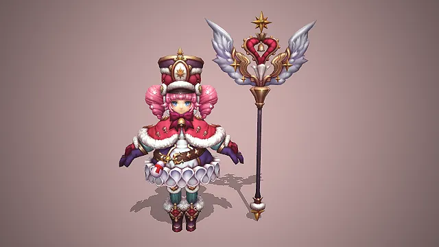 卡通 Q 版圣诞风双丸子头法师少女带爱心法杖 3D 游戏角色模型