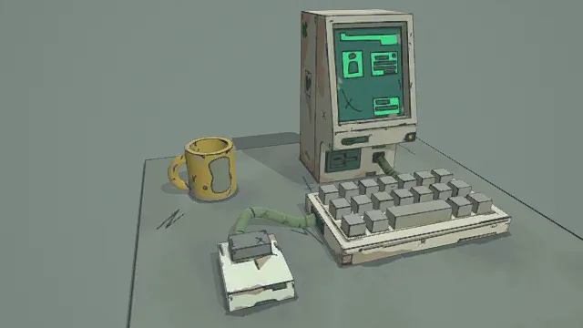 3D卡通风格复古电脑场景模型，创意设计（3D场景、卡通风格、复古科技风，场景设计主题）