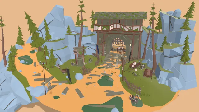 低多边形植物树木门洞建筑石头山场景