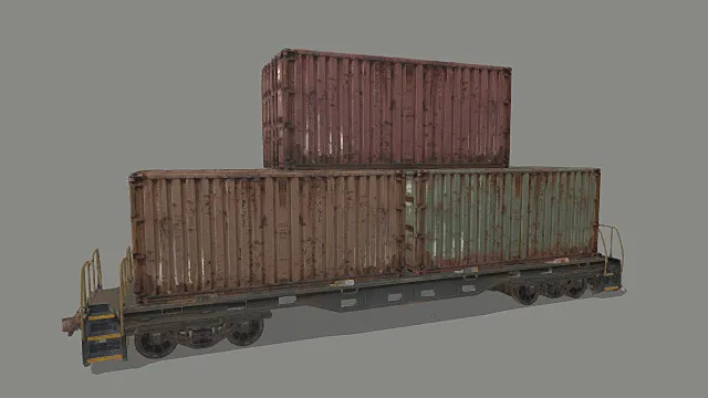废土风格三色堆叠集装箱货运车厢3D模型