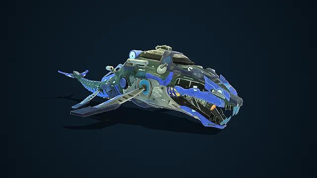 蓝灰机甲鲸形载具：沧溟战鲸科幻兽形战机模型