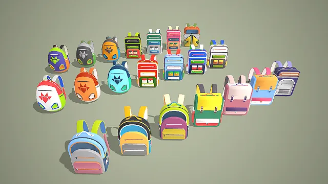 学生双肩书包 3D 模型合集 游戏道具资产包