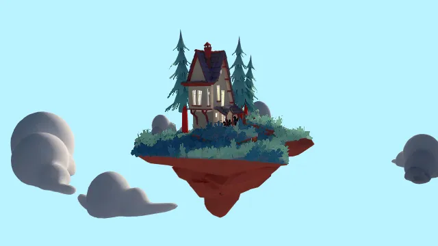 空中漂浮小岛木屋建筑树木云朵场景