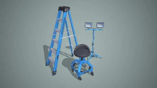 蓝调人字梯、滚轮工作凳与双灯工作灯组合施工工具 3D 模型