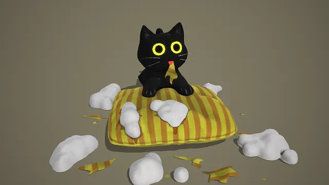 3D卡通风格黑猫与抱枕场景模型，创意设计（3D场景、卡通风格、温馨童趣风，生活场景主题）