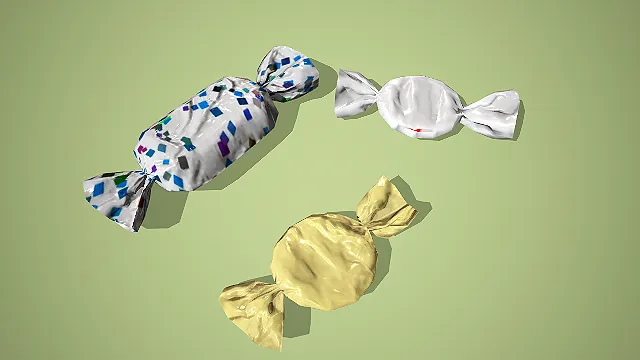 卡通风格三款亮面包装糖果组合 3D 低多边形场景装饰模型