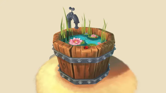 水龙头下有木桶里面有水和花草植物