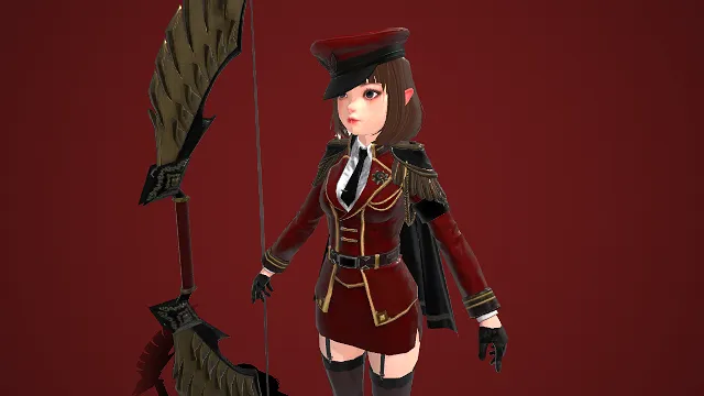 3D 游戏角色  精灵少女  酒红色  军装风格套装  飒爽英气  巨弓