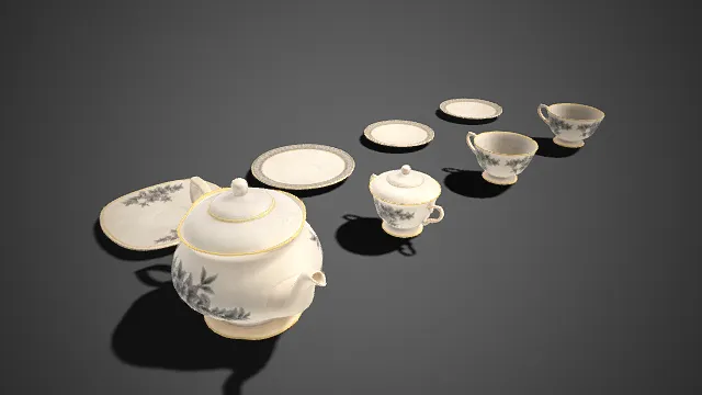 复古风格  茶具模型  白瓷材质  花卉纹  精致典雅  欧式茶具  优雅