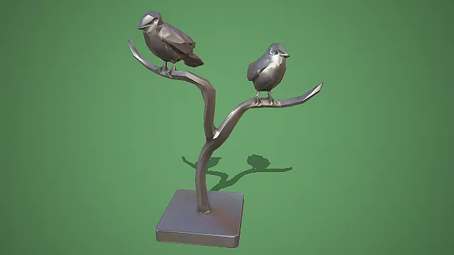 做旧金属枝上双鸟几何雕塑摆件