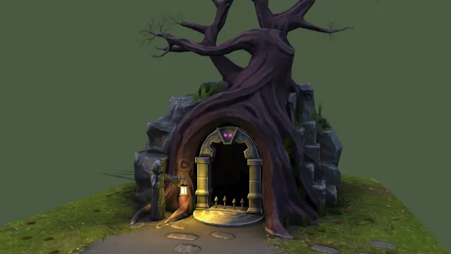 卡通风格化树洞雕像门枯树