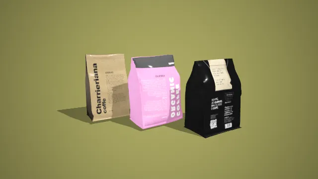 查里耶拉与有机咖啡豆袋组合 3D 低多边形咖啡场景装饰模型