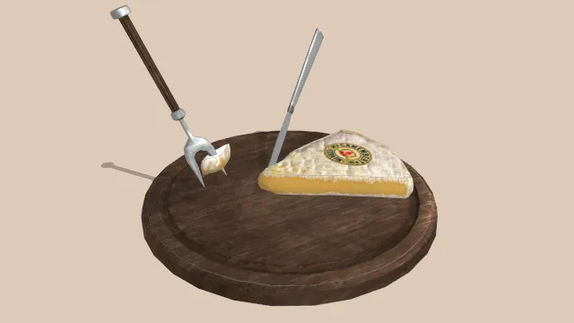 切下一角的奶酪板放在木盘子上有刀叉插着