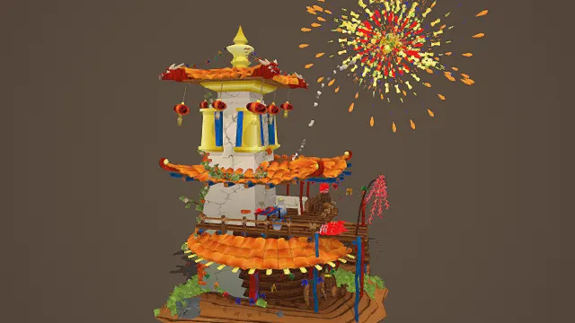 3D卡通风格节日塔楼场景模型，创意设计（3D场景、卡通风格、喜庆奇幻风，场景设计主题）