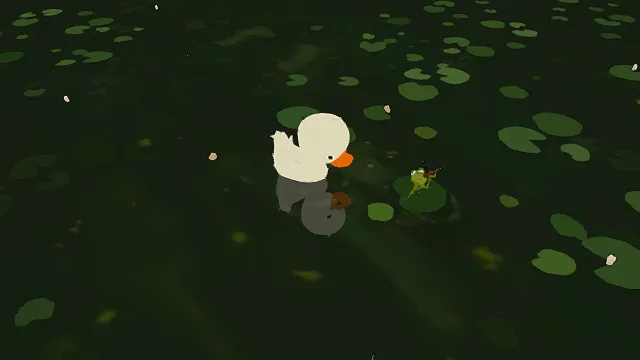 3D卡通风格白绿橙系池塘场景模型，创意设计（3D场景、卡通风格、童趣自然风，场景设计主题）