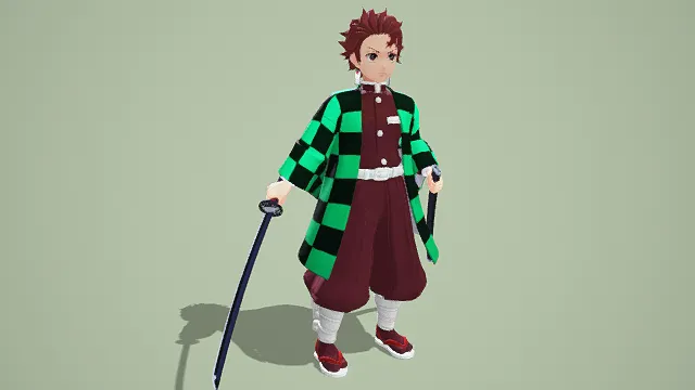3D卡通风动漫剑士角色模型，创意设计（3D动漫剑士、卡通风格、绿棕红主色调、角色造型、热血活泼、动漫主题、剑士元素）