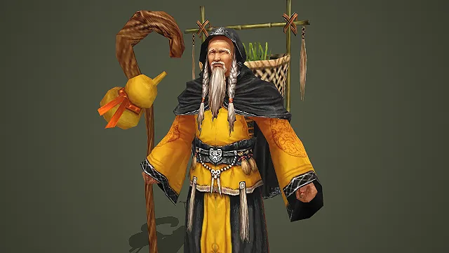 带竹篓拐杖的黄衣采药老人游戏角色模型