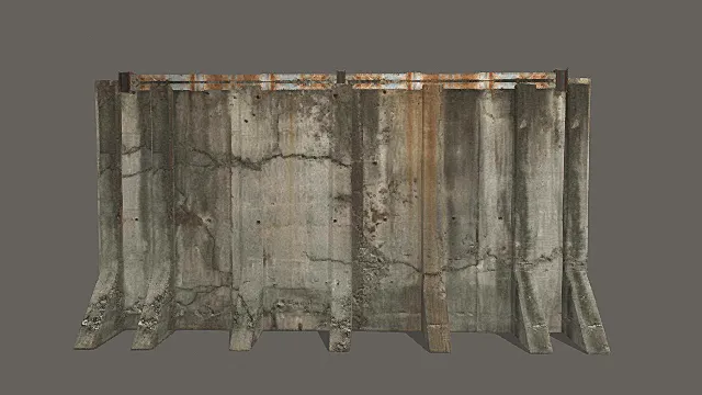 废土风格锈蚀金属防护墙3D模型 